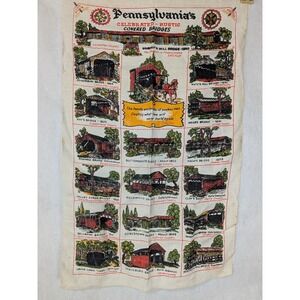 Vtg Mid Century Folk Tea Towel Pennsylvania Covered Bridge 1950s Linen  Kitchen
